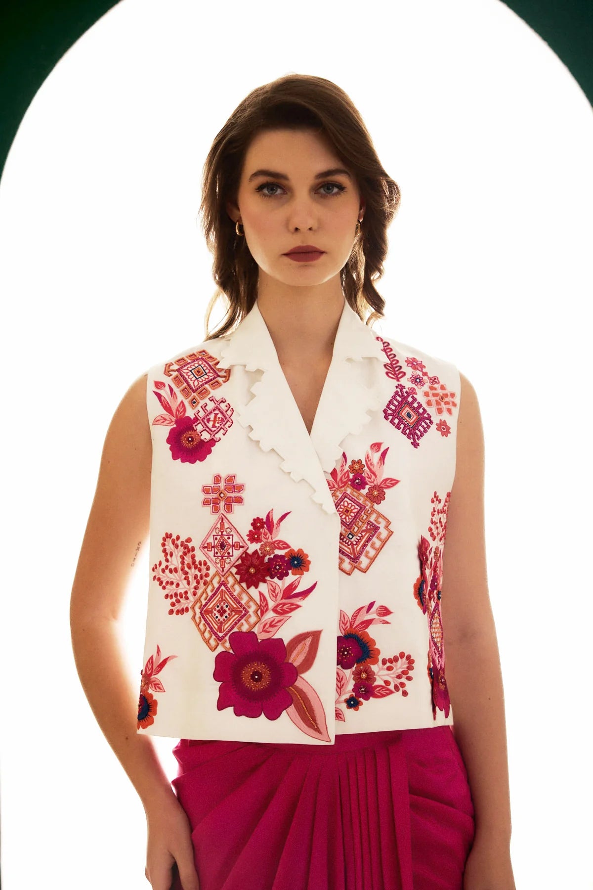 White Embroidered Linen Waistcoat