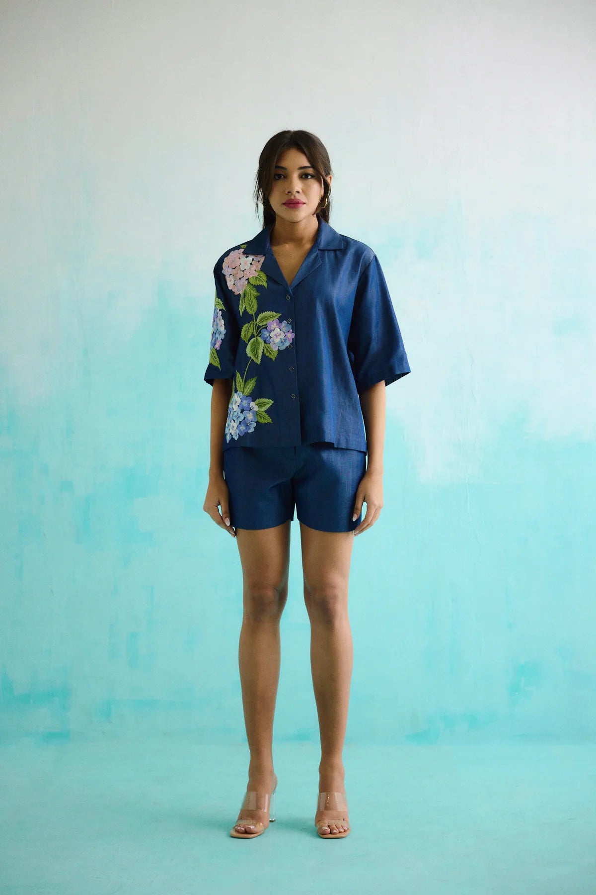 Denim Hydrangea Embroidered Shirt