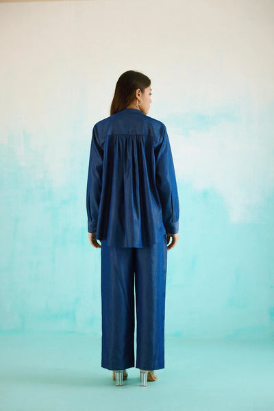 Denim Peony Gathered Embroidered Shirt