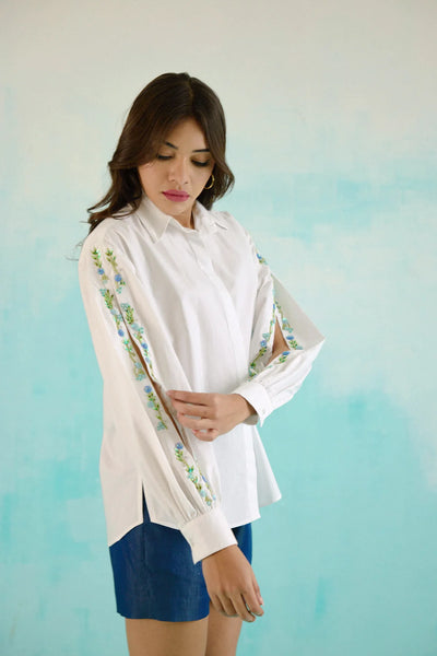 White Hand Embroidered Blue Sequins Upbeat Shirt