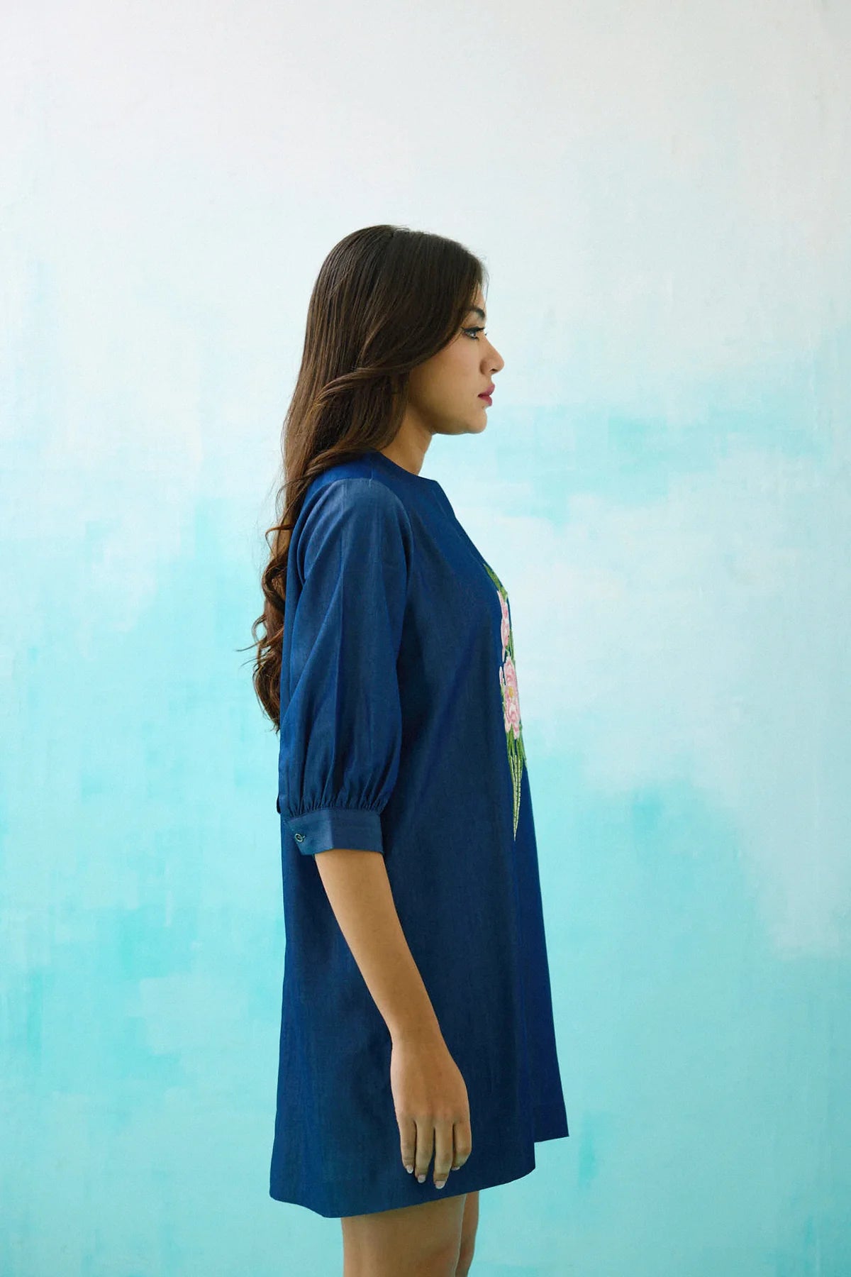 Denim Peony Embroidered Shift Dress