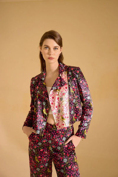 Black and White Parrot Print Biker Jacket & pants Set