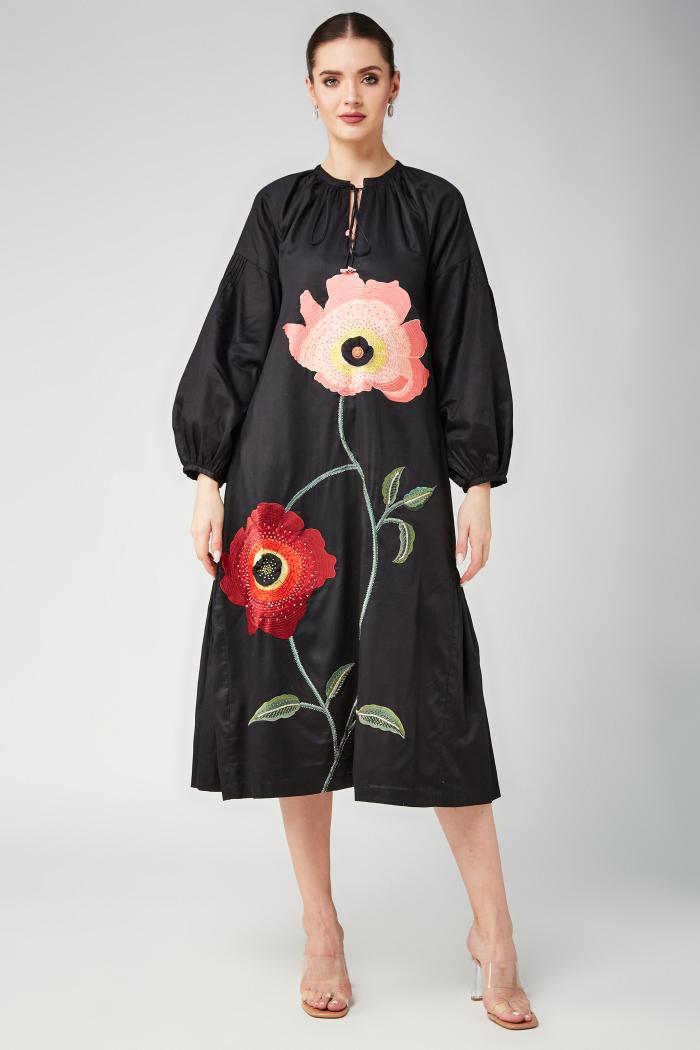 Peach Floral a Line Long Dress