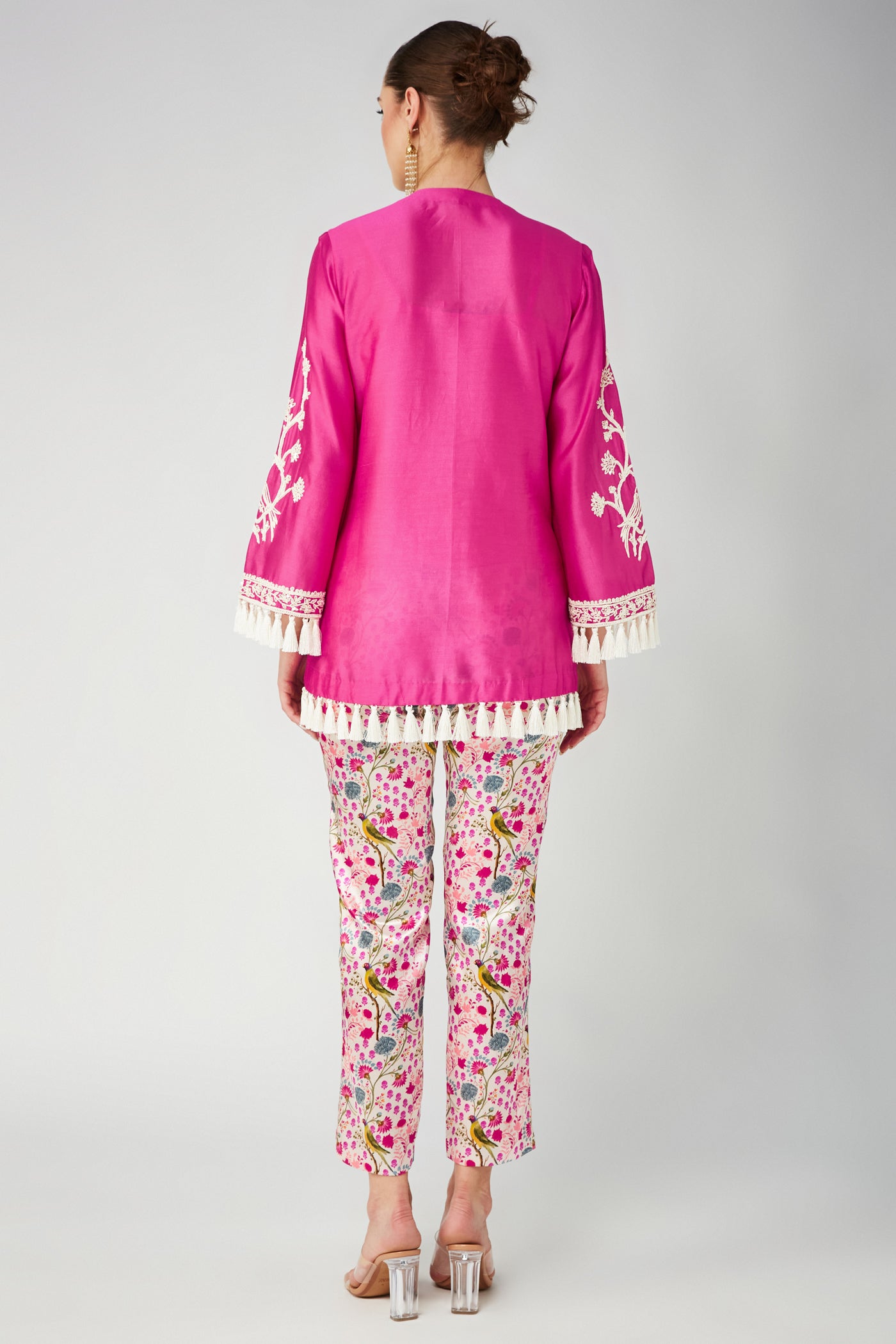 Rani pink Chanderi Silk Embroidered kurta and White Parrot Pant, White Parrot Mashroo Cotton Satin Narrow Pants, Flared sleeves with tassels, Machine and Hand embroidered, BeTrue, Be True