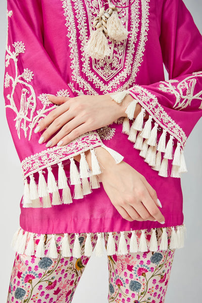 Rani Pink Chanderi Silk Embroidered Kurta Shirt & Pant Set