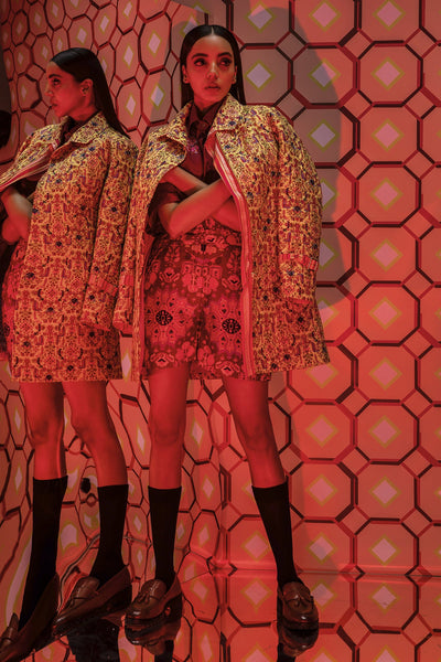 Kashan Red Print Shorts in Handloom Organic Cotton Silk, BeTrue, Be True