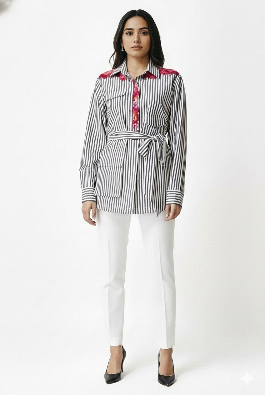 White & Black Stripe Embroidered Shirt