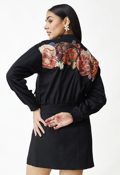 Black Chic Pattern Work Cotton Bomber Jacket