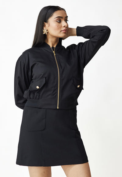 Black Chic Pattern Work Cotton Bomber Jacket