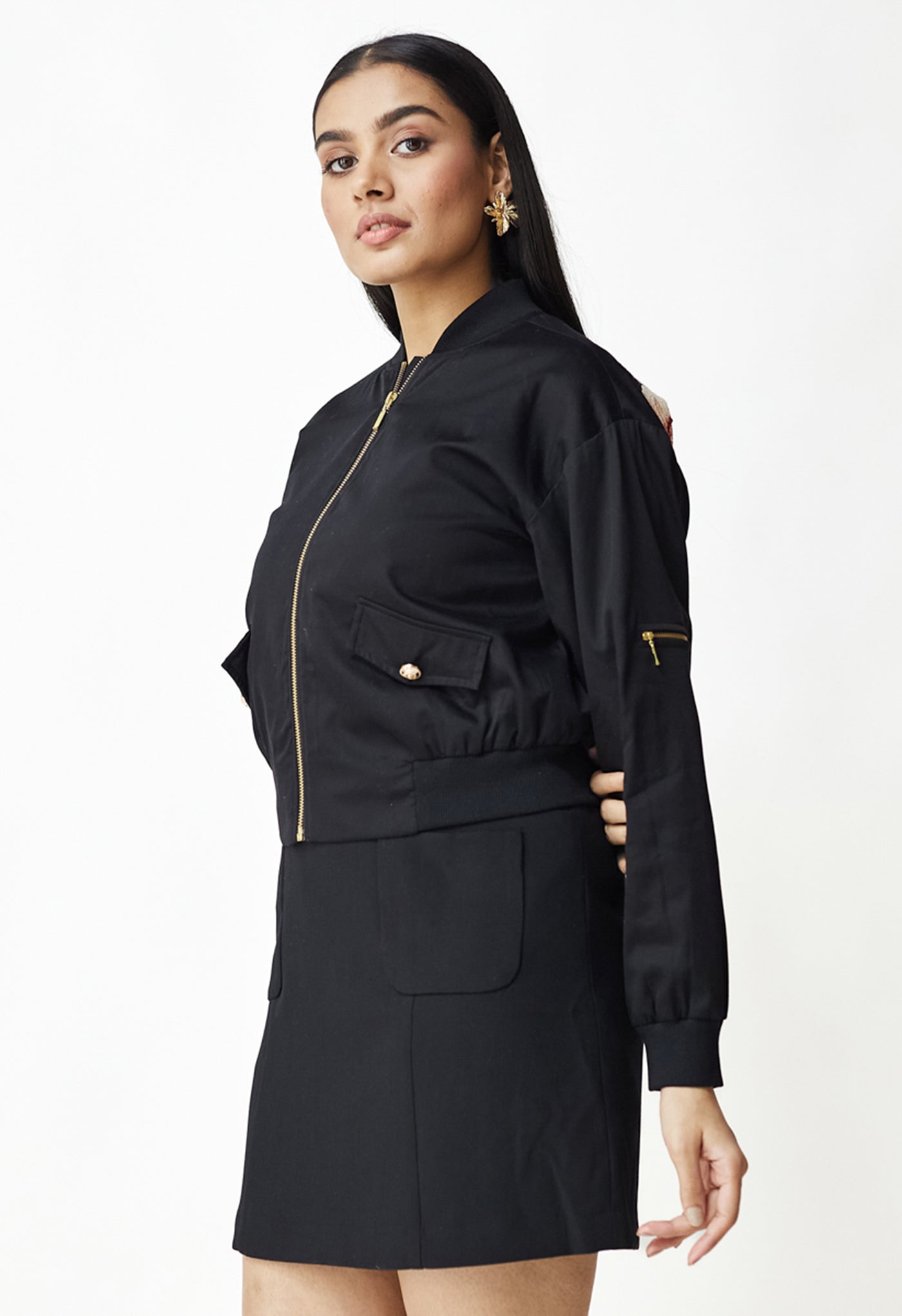 Black Chic Pattern Work Cotton Bomber Jacket
