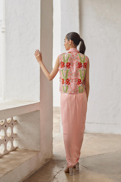 Peach Sequins Skirt & Waistcoat Set