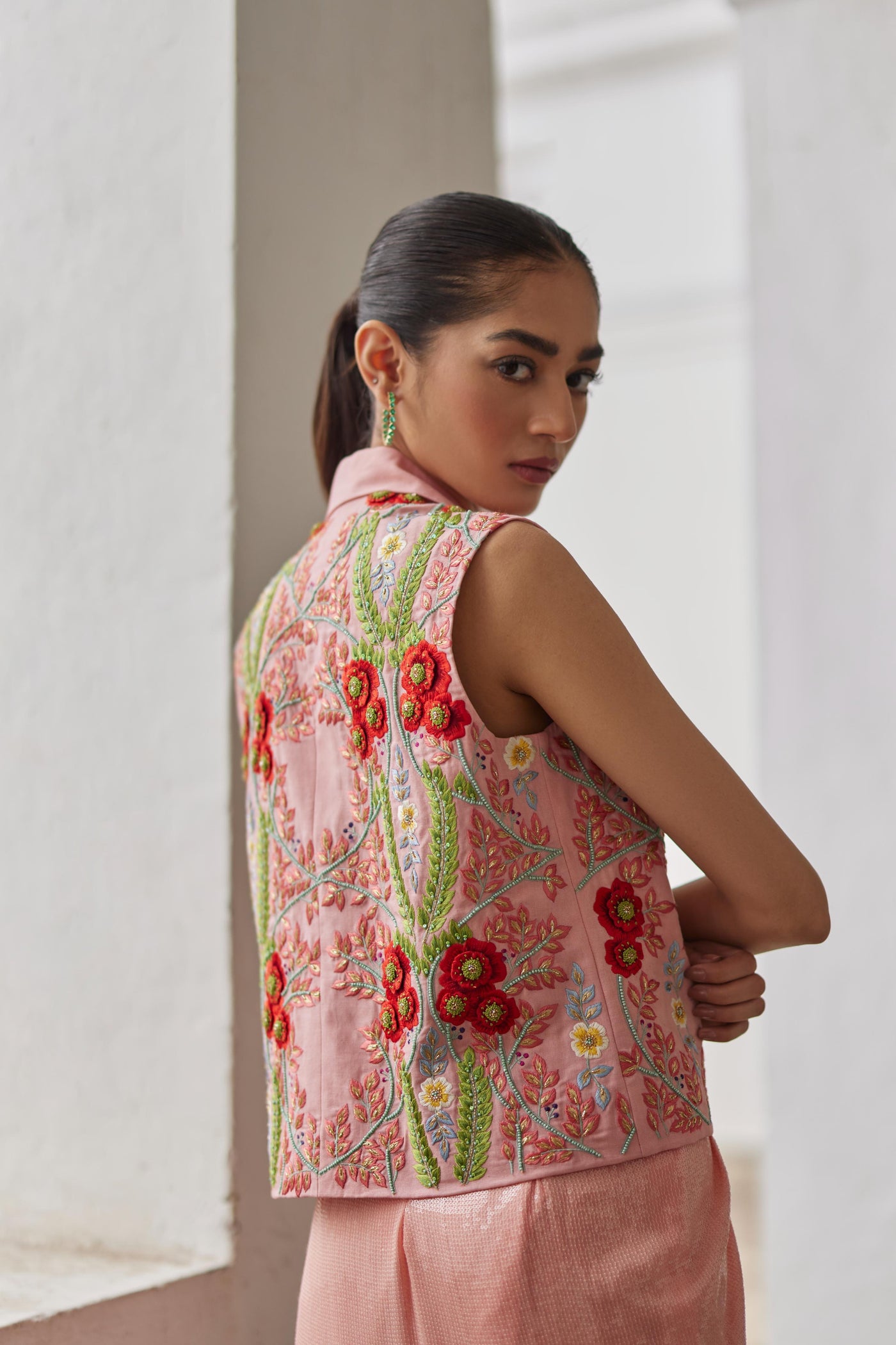 Peach Sequins Skirt & Waistcoat Set