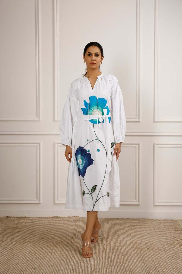 Blue Floral A Line Long Dress