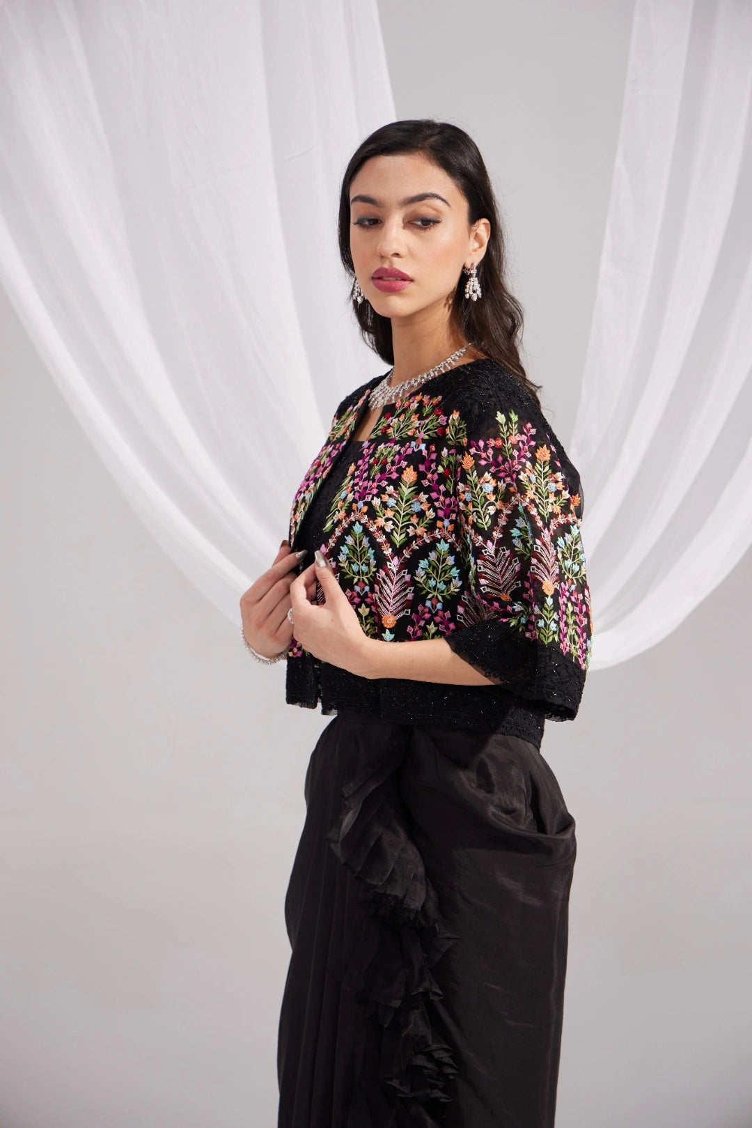 Black Organza Mughal Embroidered Jacket