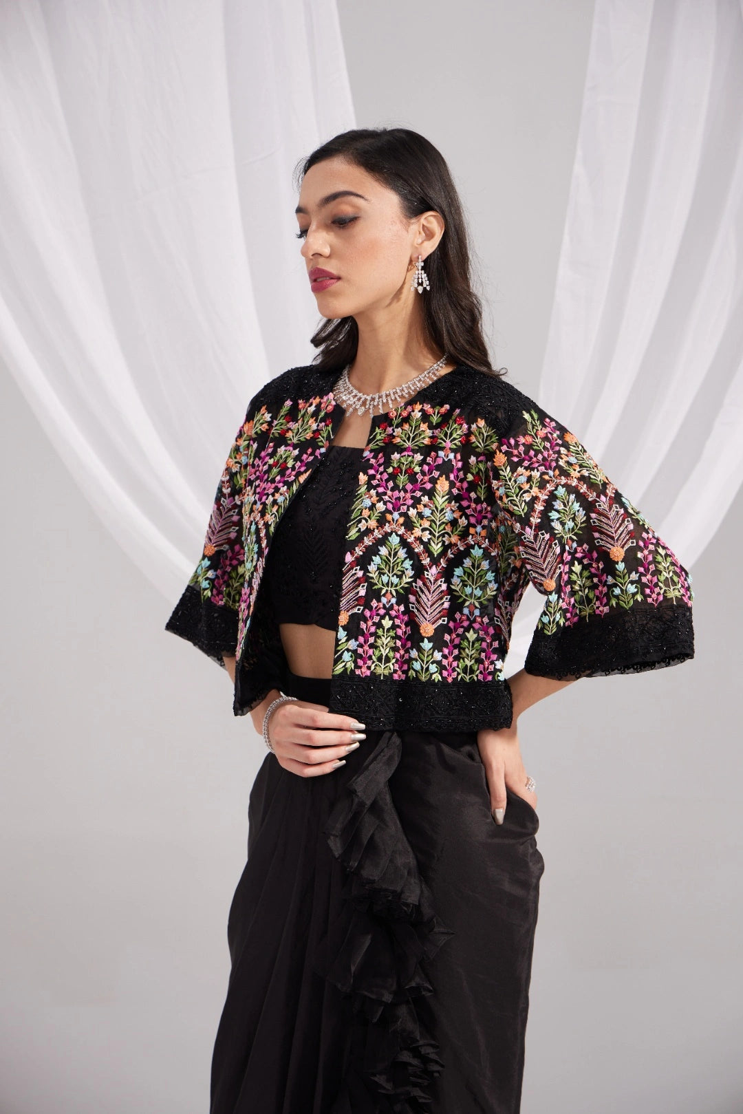 Black Organza Mughal Embroidered Jacket