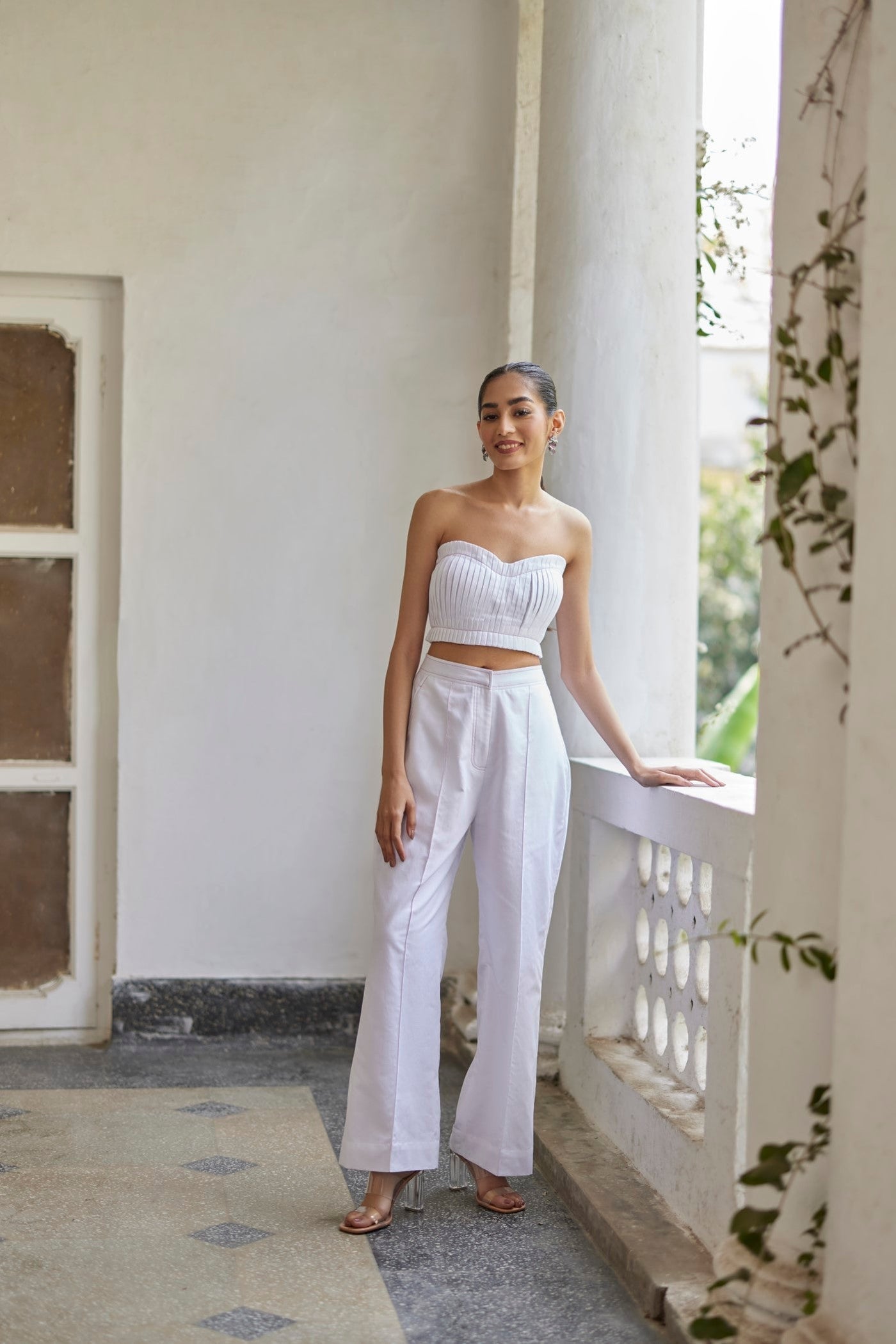 Butterfly White Embroidered Jacket And Pants And Pleated Bustier, White colour, Cotton linen fabric, Hand and machine embroidery on front back and sleeves, No closing or buttons, Lined with white cotton satin fabric, BeTrue, Be True