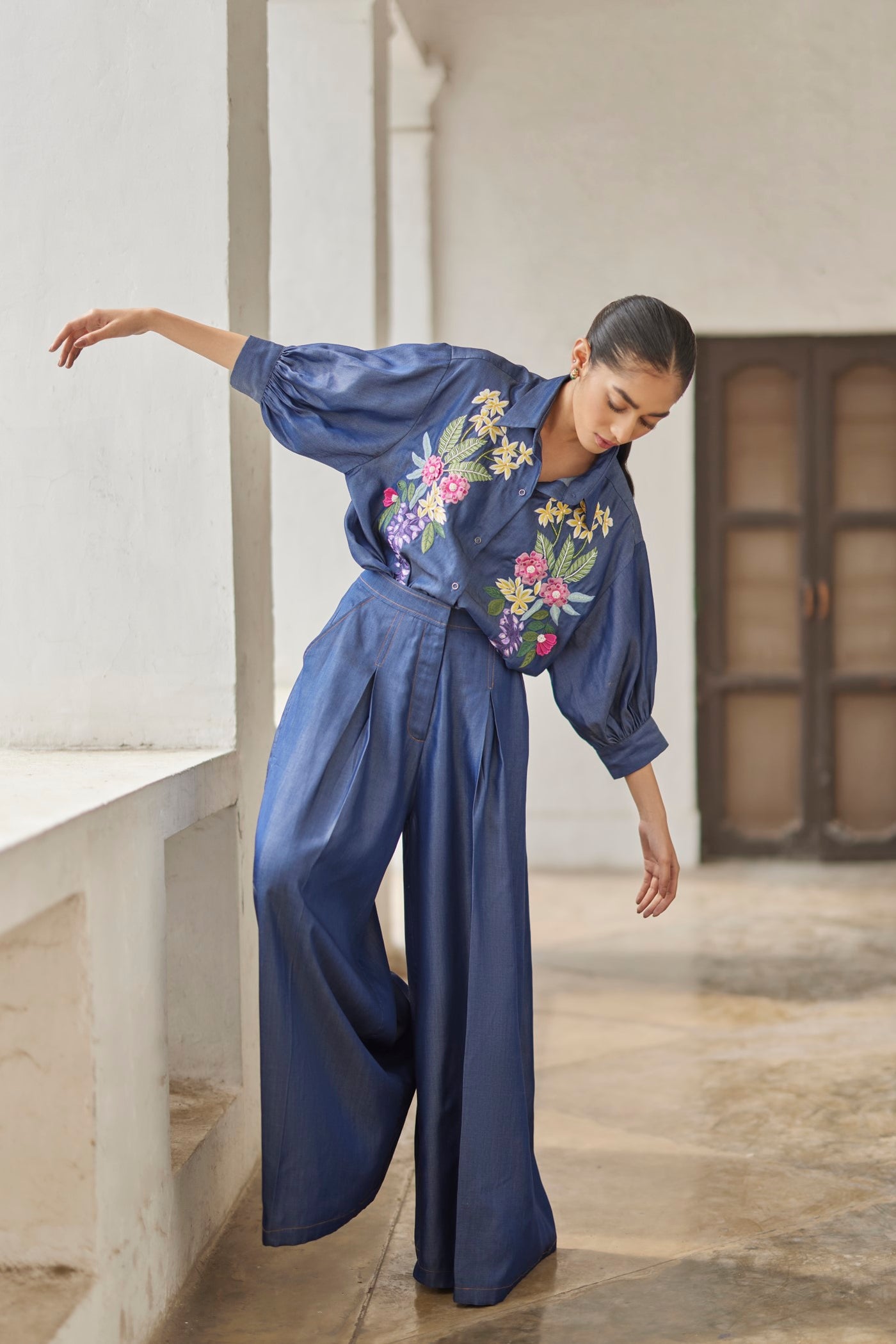 Denim Bouqet Embroidered Shirt