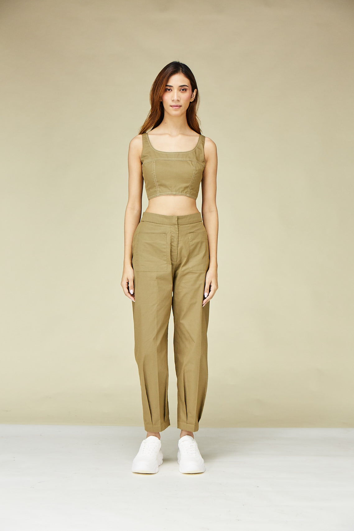 Khaki Green Cotton Ankle Length Pleated Pants