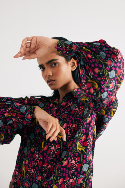 Black Parrot Print Silk Shirt