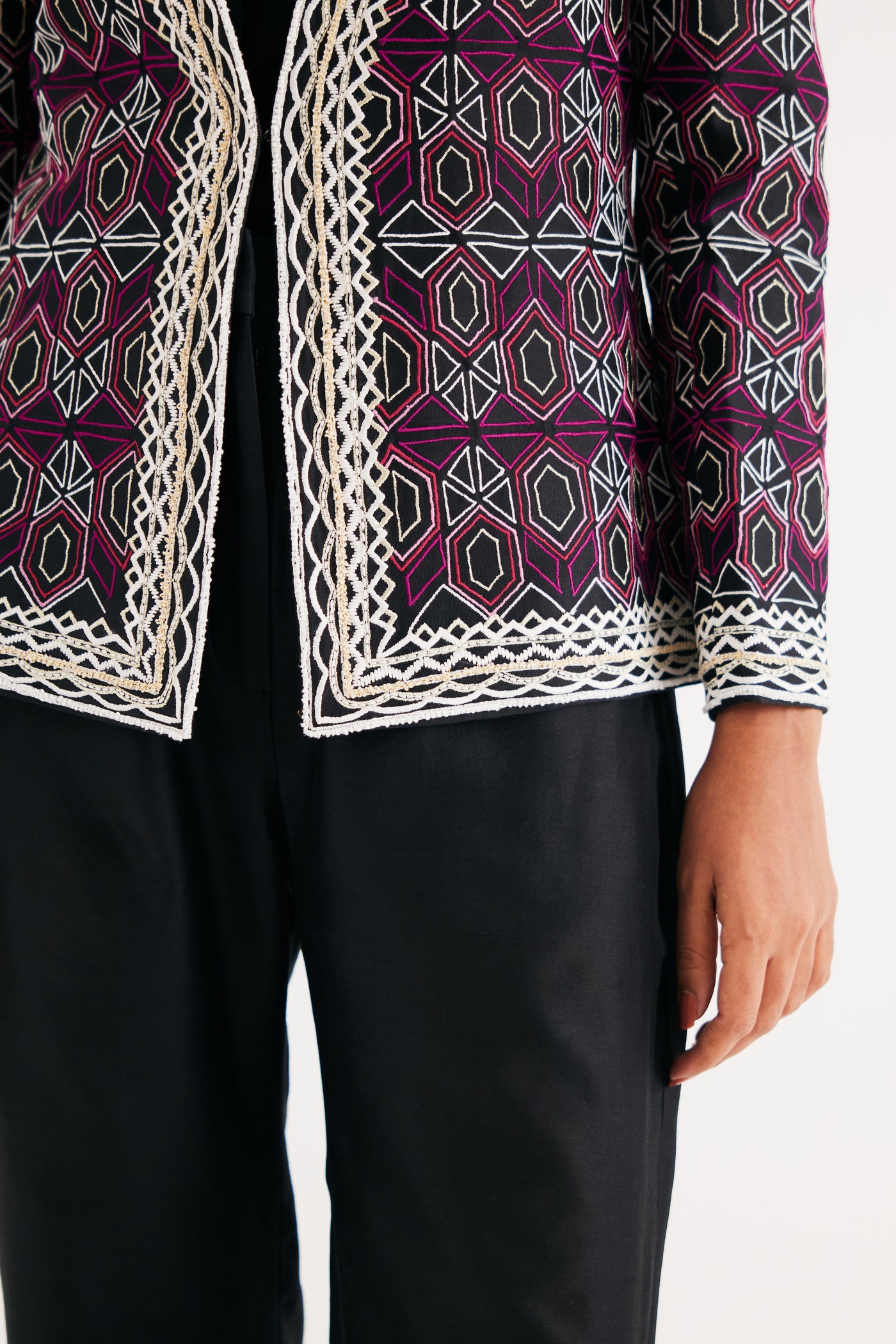 Black and Pink Mughal Jaal Jacket & Pant Set