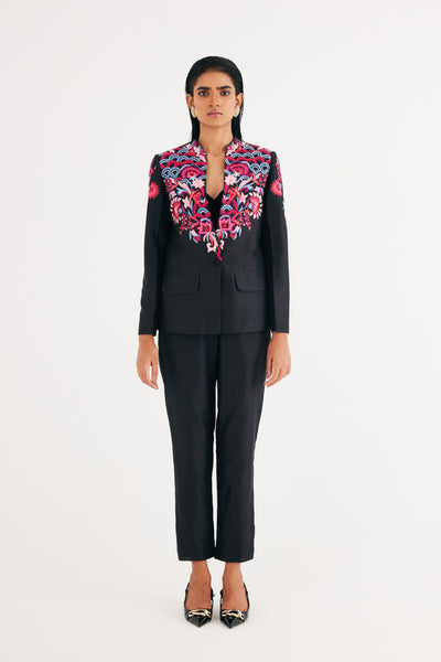 Black Silk Chanderi Floral Embroidered Jacket & Pant Set
