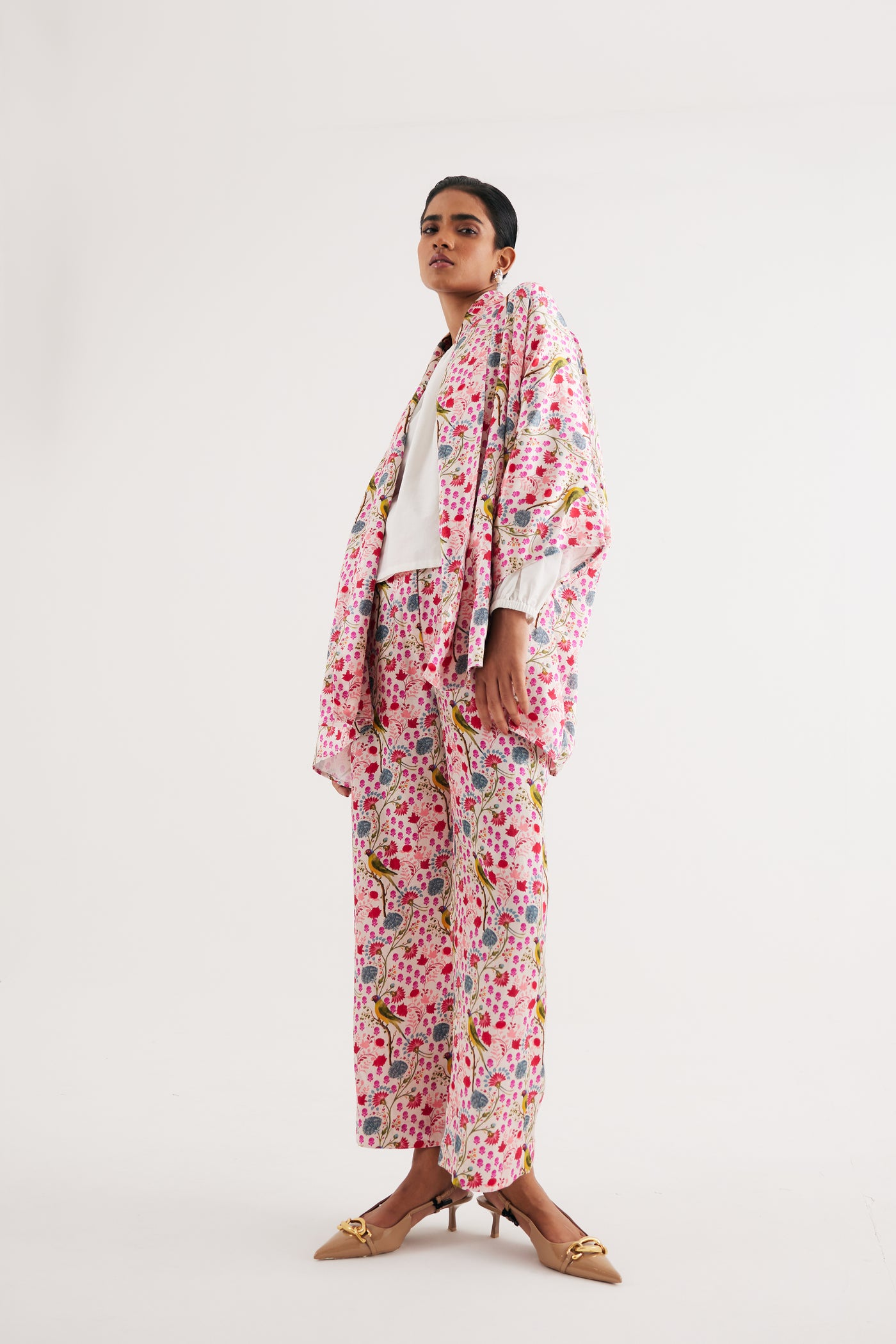 White Parrot Print Mashroo Satin Cape & Pant Set