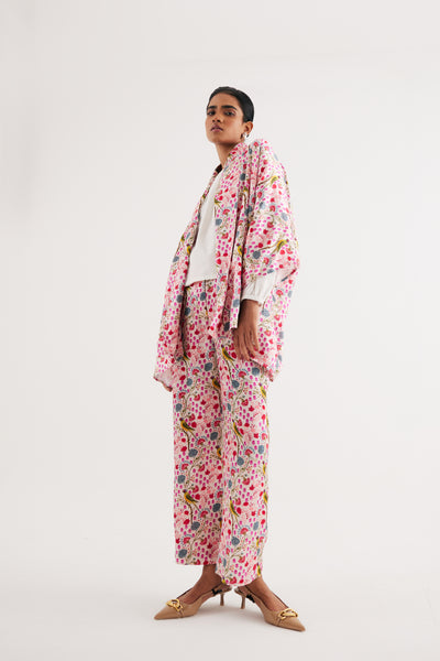 White Parrot Print Mashroo Satin Cape & Pant Set