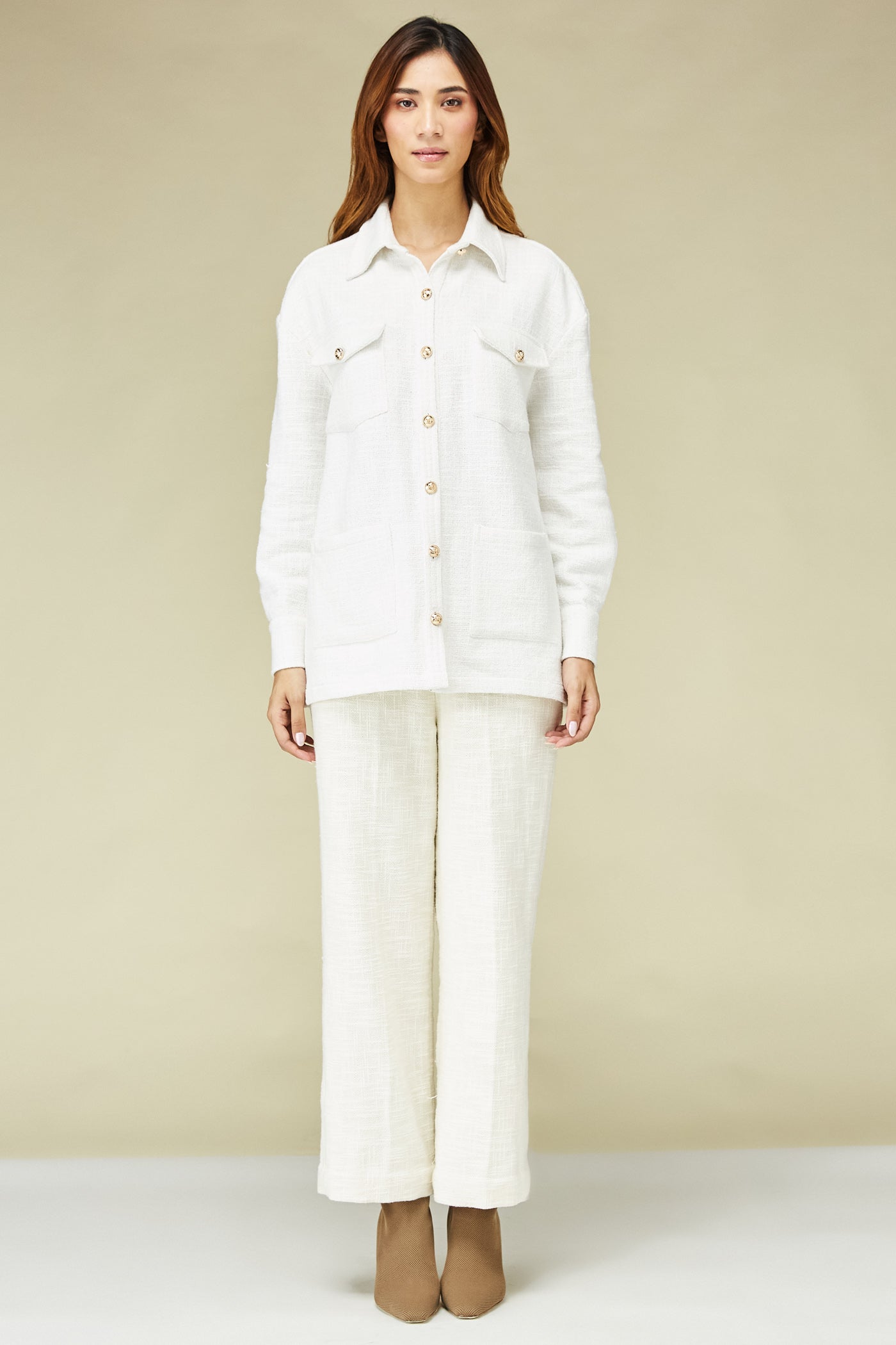 White Handloom Tweed Safari Shirt & Pant Set