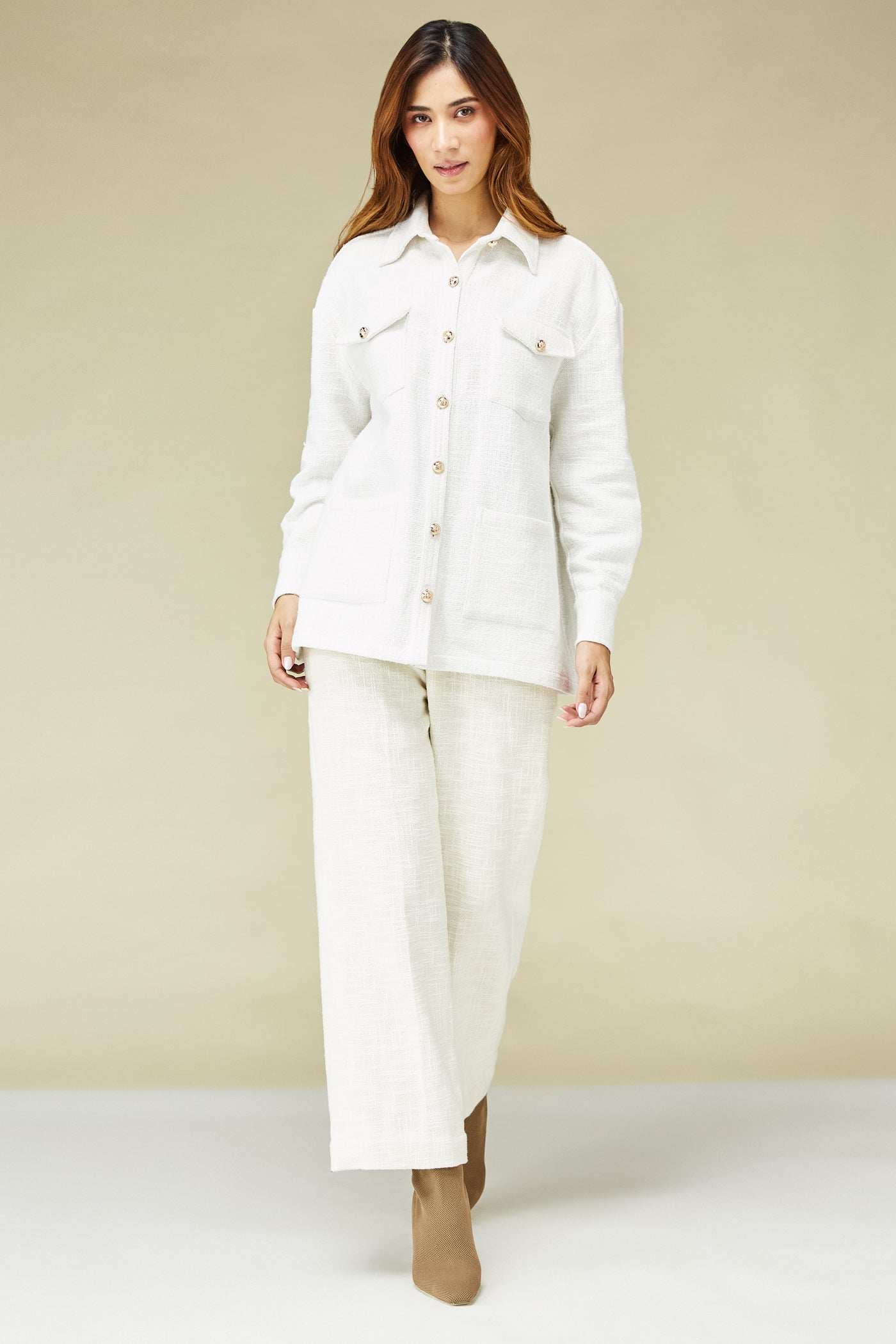 White Handloom Tweed Safari Shirt & Pant Set