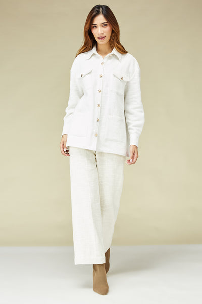 White Handloom Tweed Safari Shirt & Pant Set