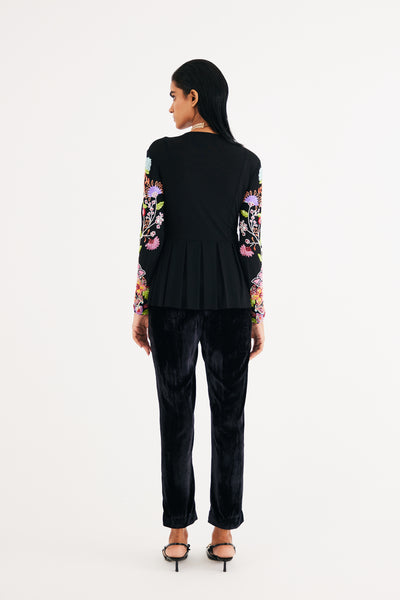 Black Hand Embroidered Floral Net Top