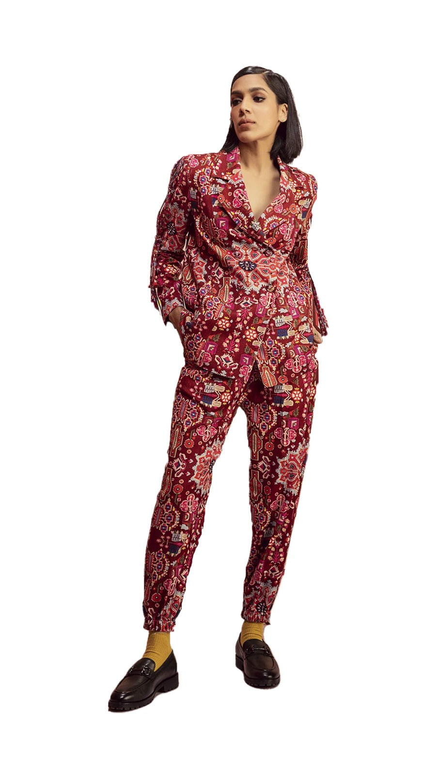 Kashan Red Print Joggers in Handloom Organic Herringbone Cotton
