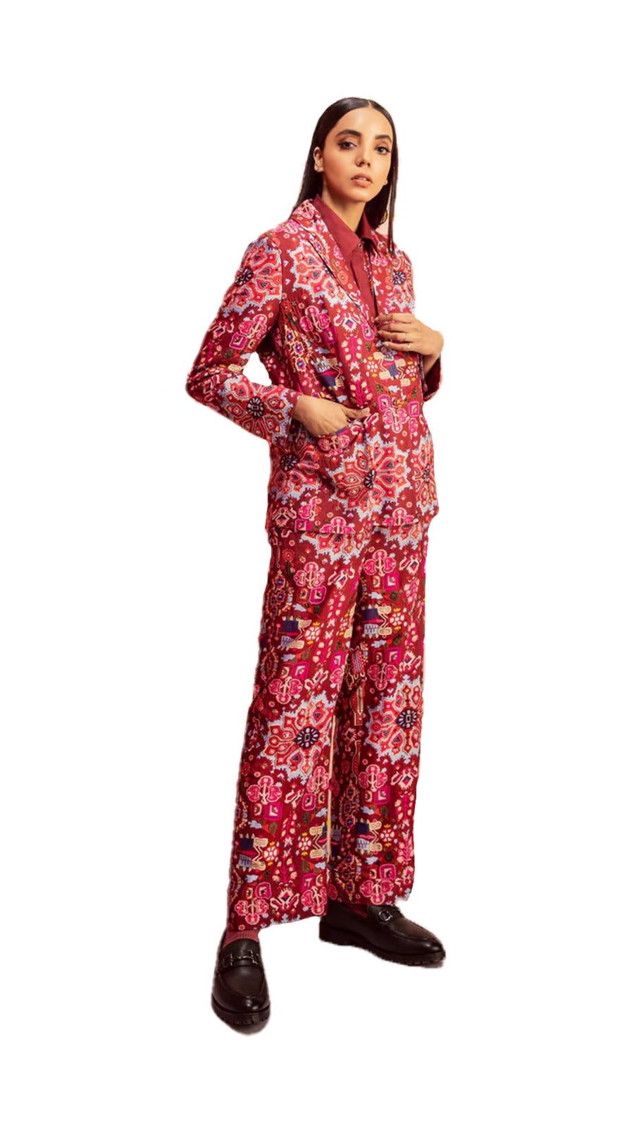 Kashan Red Print Wide Leg Embroidered Pants in Handloom Organic Cotton Silk