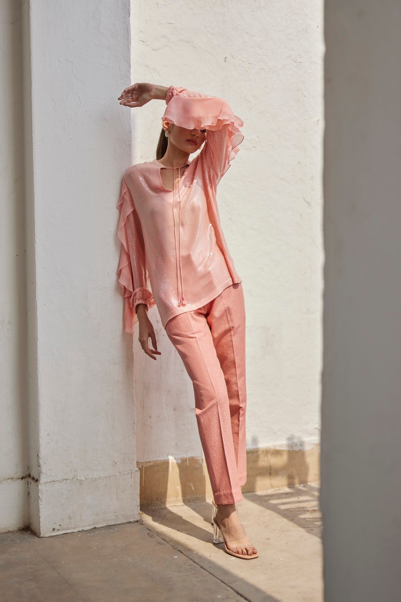 Women Clothing Peach Garden Sequins Ruffle Shirt