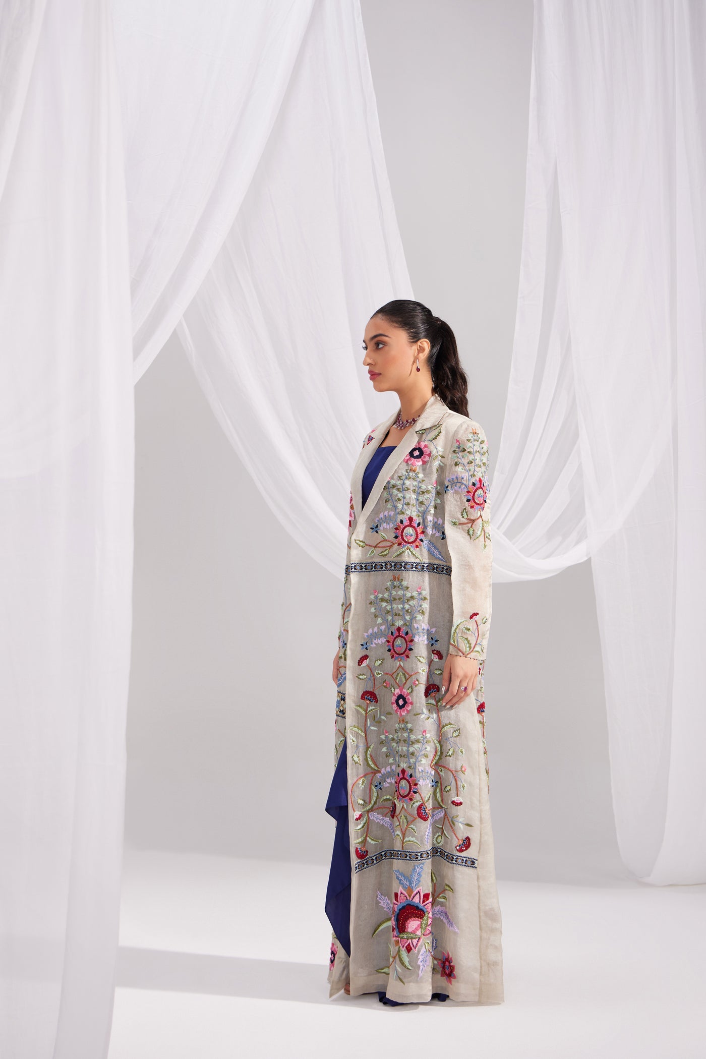 Silver Organza Embroidered Jacket & Midnight Blue Silk Skirt Set