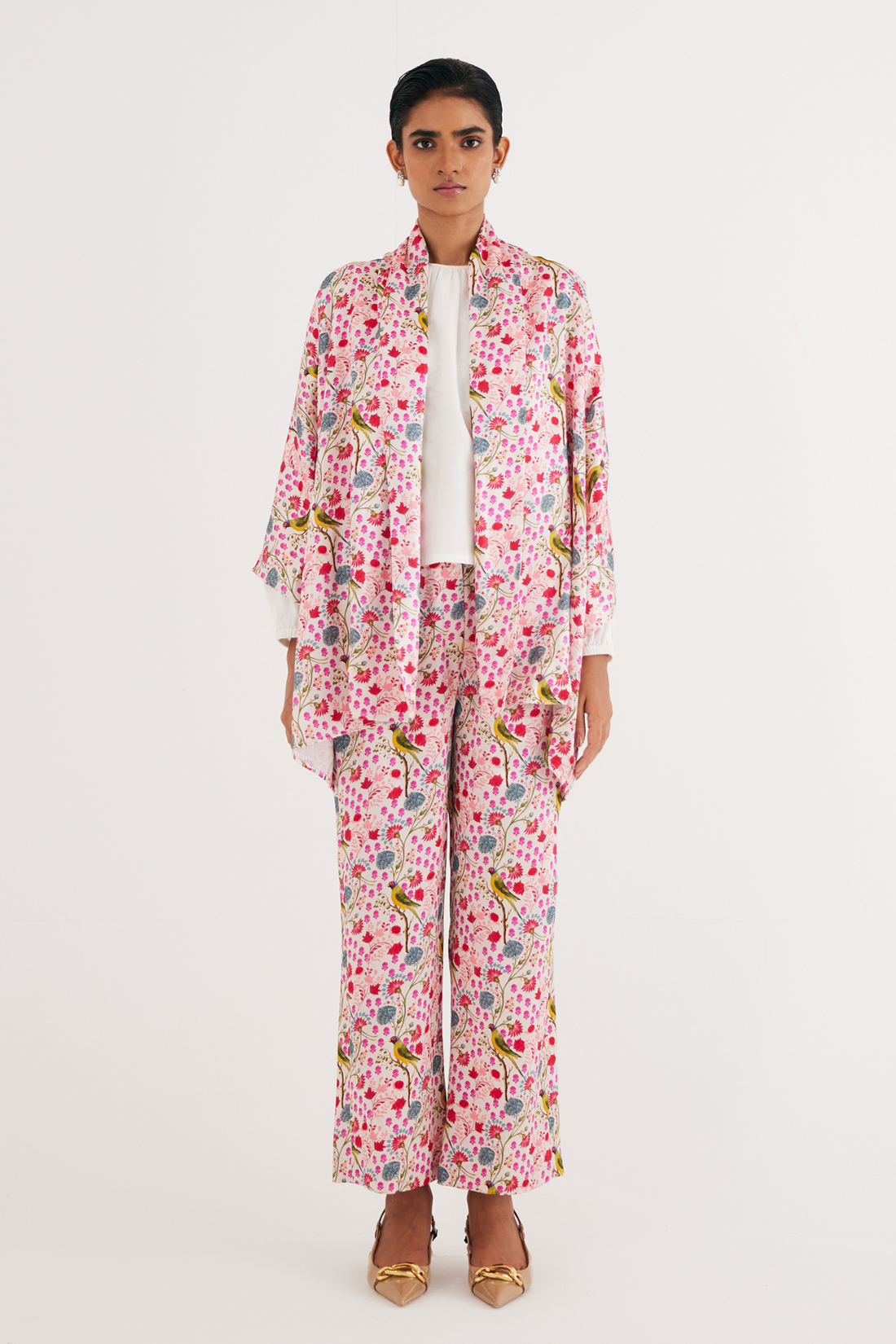 White Parrot Print Mashroo Satin Cape, Straight Pants and White Top Set