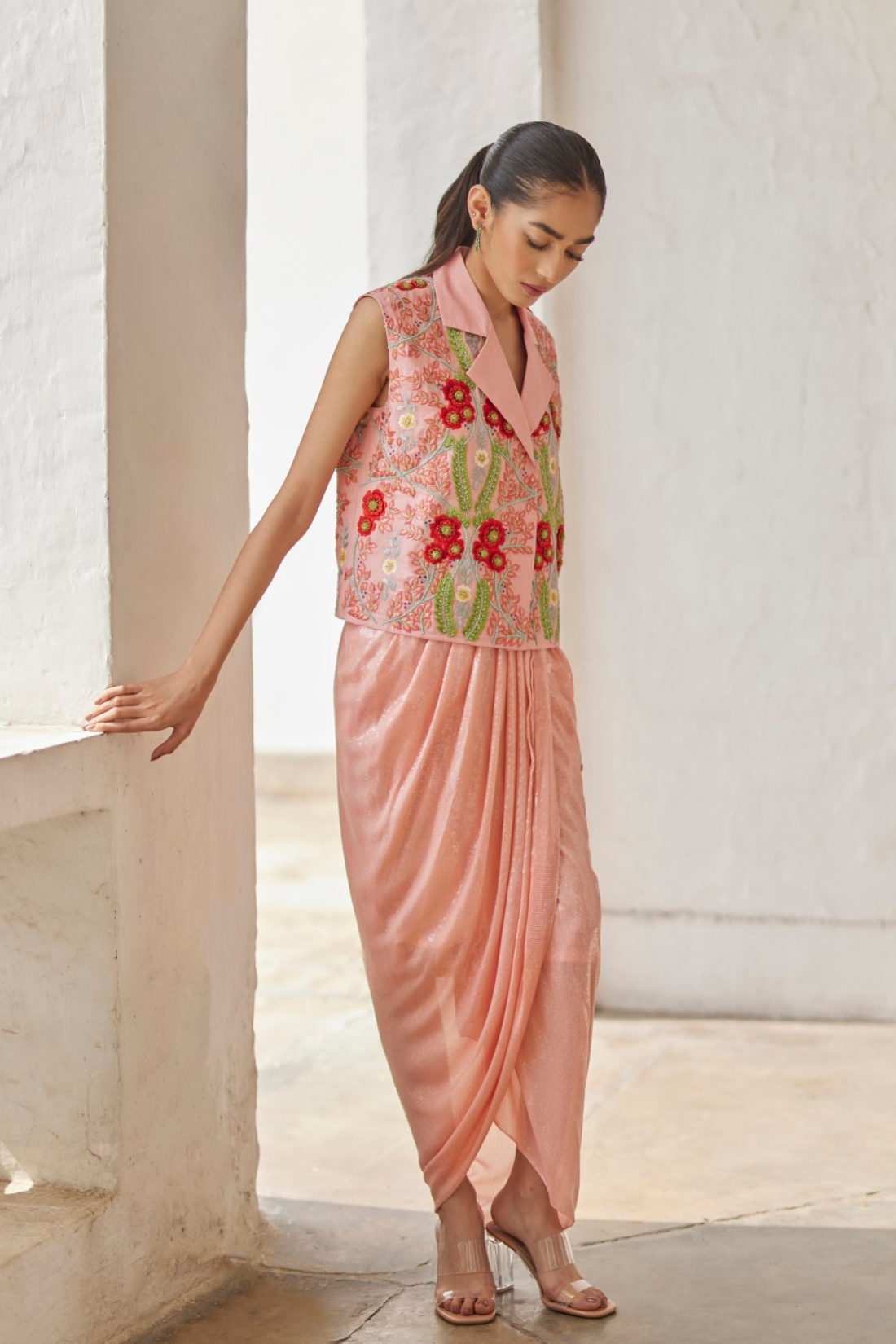 Peach Garden Waistcoat And Sequins Drape Skirt Set