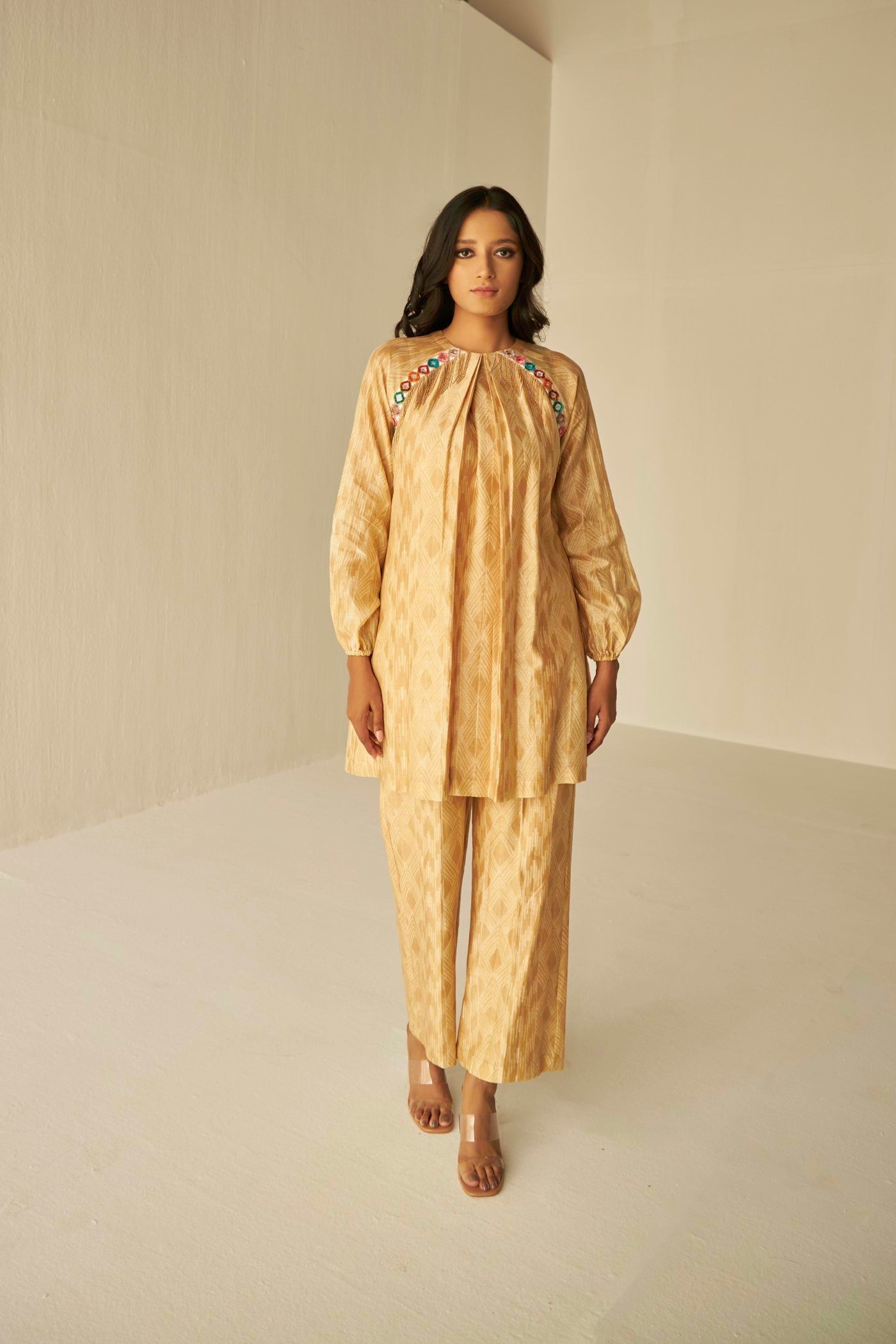 Beige-Raglan Sleeve Embroidered Shibori Shirt And Pants Set, BeTrue, Be True