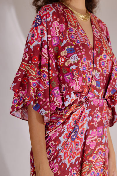 Red Kashan Print Silk Drape Dress