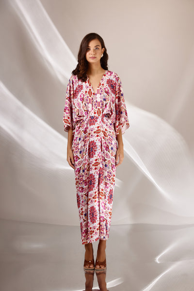 White Kashan Print Banana Silk Draped Dress