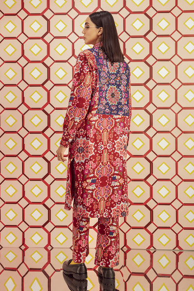 Kashan Red Print Hand Embroidered Long Shirt  & Pants in Handloom Organic Herringbone Cotton, BeTrue, Be True