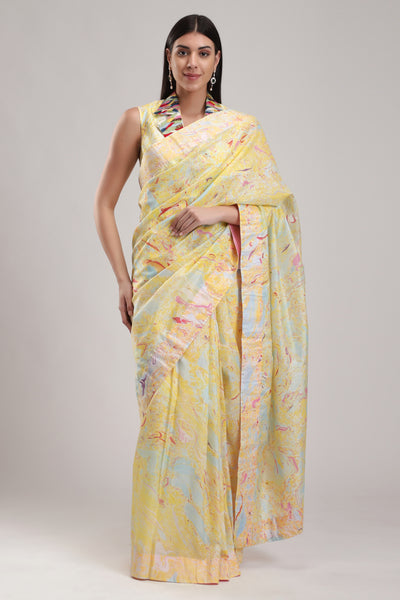 Yellow Silk Marbled Saree, Such pretty colours and patterns with the magic of marble dyeing technique., silk organza dupatta for a festive touch, BeTrue, Be True
