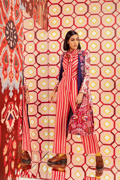 Mix Print Hand Embroidered Long Trench in Handloom Organic Cotton and Banana Silk, BeTrue, Be True