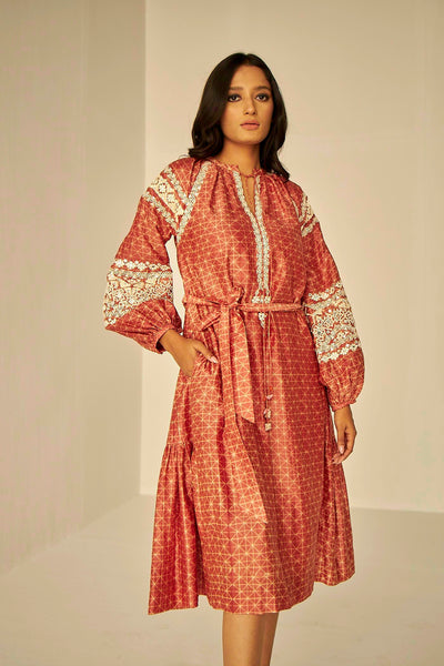 Rust- Embroidered Tapestry Dress, A-line midi dress in unique hand crafted Shibori design, Resham and mirror embroidery, BeTrue, Be True