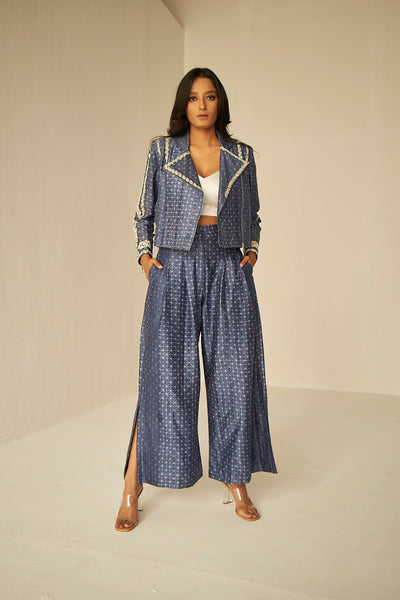 Embroidered Blue biker jacket in Shibori with Palazzo pants, Fitted jacket, BeTrue, Be True