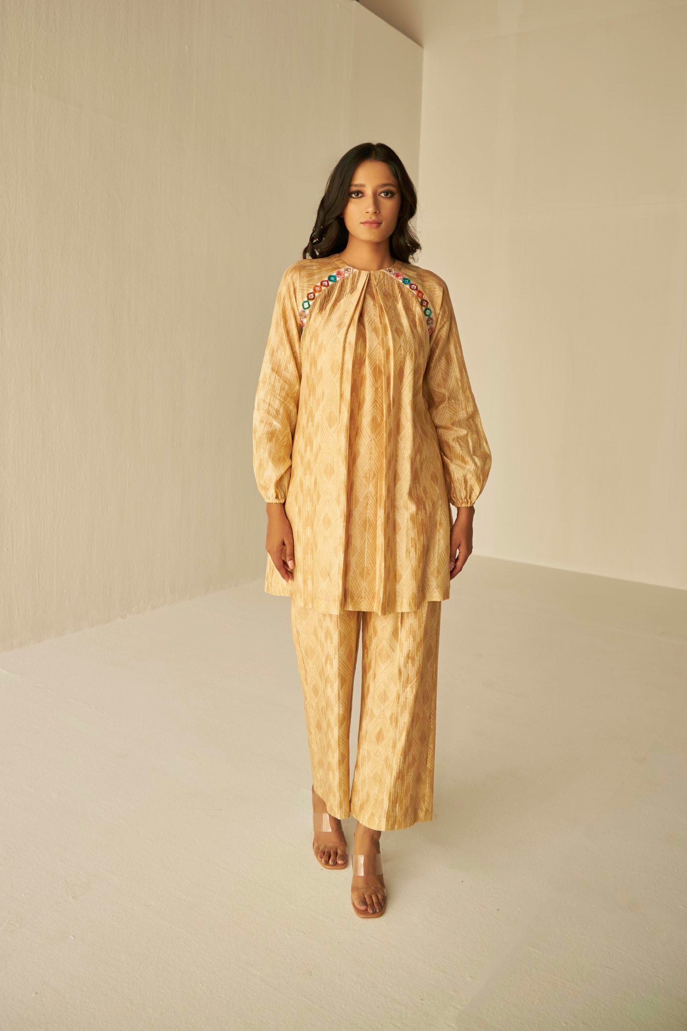 Beige-Raglan Sleeve Embroidered Shibori Shirt And Pants Set, BeTrue, Be True