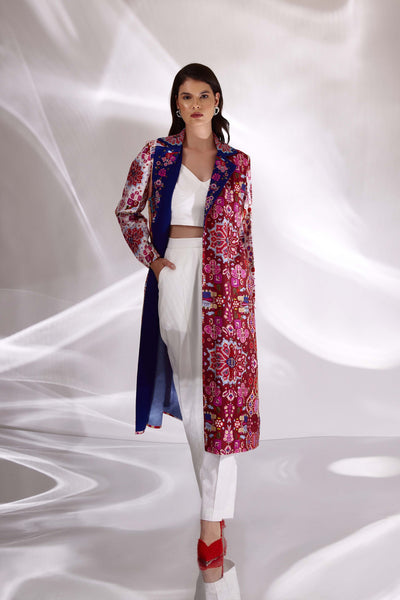 Mix Print Hand Embroidered Long Trench in Handloom Organic Cotton and Banana Silk, BeTrue, Be True